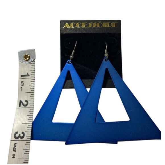 Vintage Oversized Electric-Blue Metal Triangle Shaped Dangle Earrings - Picture 3 of 3